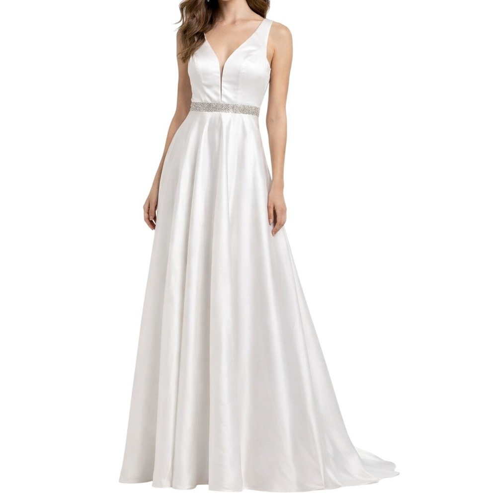 White Satin A-Line Plunging Neckline Wedding Dress XS Jeweled Belt Bridal Gown‎